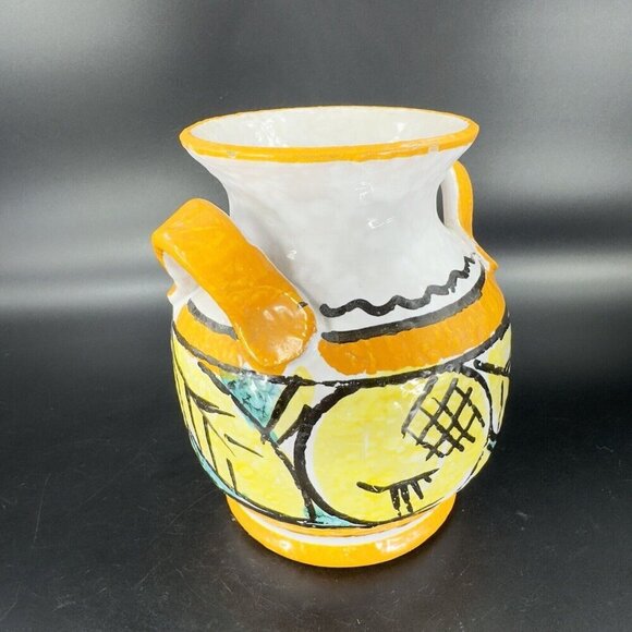 Italian Pottery Vase With Handles Hand Painted Yellow Leafs Lemons Marked Italy - Picture 8 of 15